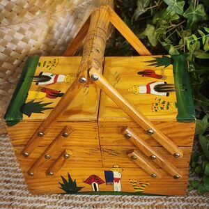 VTG Wood Accordion Sewing Box Hand Painted Mexican Folk Art W/VTG Notions